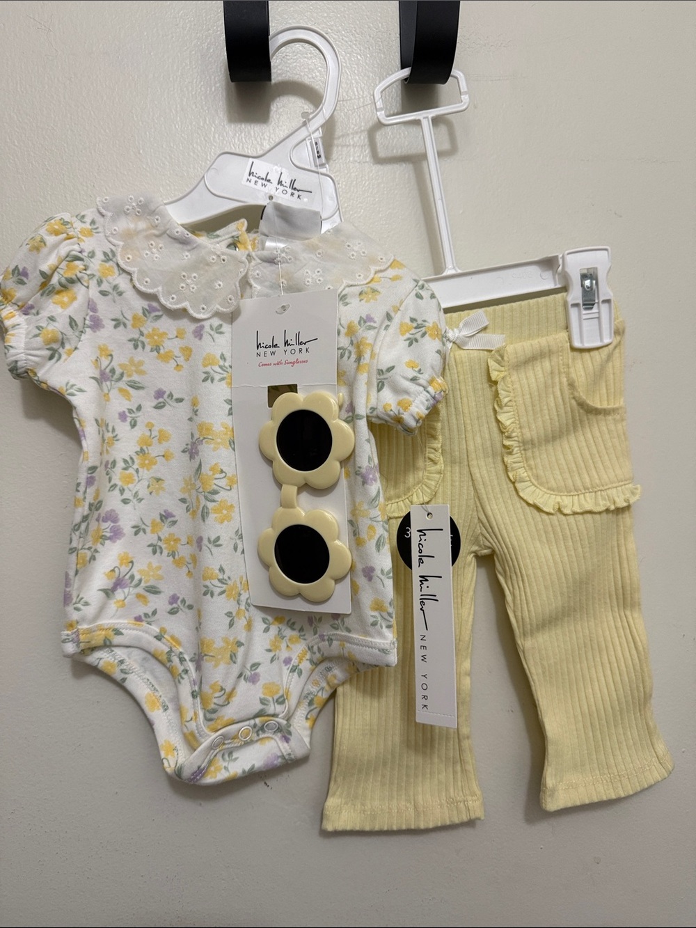 Nicole Miller Yellow Floral Baby Outfit with Sunflower Sunglasses